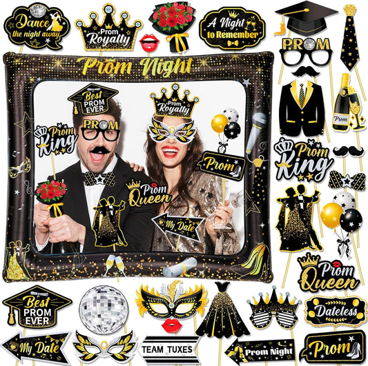 HOWAF Prom Photo Booth Props Kit- 1pcs Prom 2026 Giant Inflatable Photo Frame Selfie Frame with 29pcs Prom Night Party Props Graduation Photo Booth Props Prom Decorations 2026 Graduation Decorations