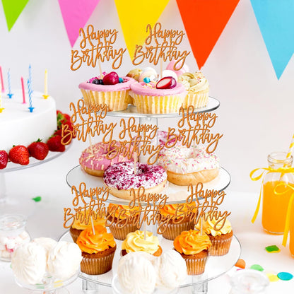 24 PCS Happy Birthday Cupcake Toppers Glitter Picks for Celebrating Anniversary Theme Party Cake Decorations Supplies Gold