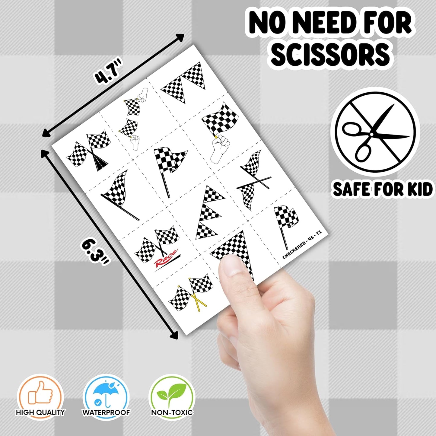 72PCS Checkered Flag Party Set - 48PCS Temporary Tattoos & 24PCS Slap Bracelets - Racing-Themed Birthday Supplies, Baby Shower Gifts, Classroom Rewards & Party Decor