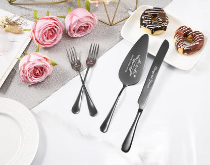 Wedding Cake Knife and Server Set, Gold Cake Cutting Set for Wedding, 4 Pieces Set with Forks for Engagements, Anniversaries, Bride and Groom
