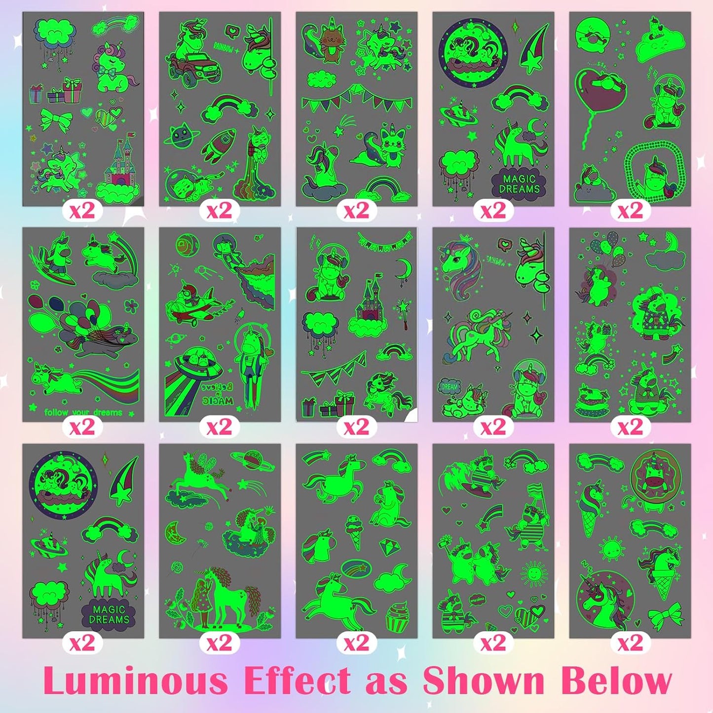 Partywind 380 Styles (30 Sheets) Luminous Tattoos for Kids, Mixed Styles Temporary Tattoos Stickers with Mermaid/Dinosaur/Space/Pirate for Boys and Girls, Glow Party Supplies