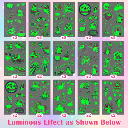 Partywind 380 Styles (30 Sheets) Luminous Tattoos for Kids, Mixed Styles Temporary Tattoos Stickers with Mermaid/Dinosaur/Space/Pirate for Boys and Girls, Glow Party Supplies