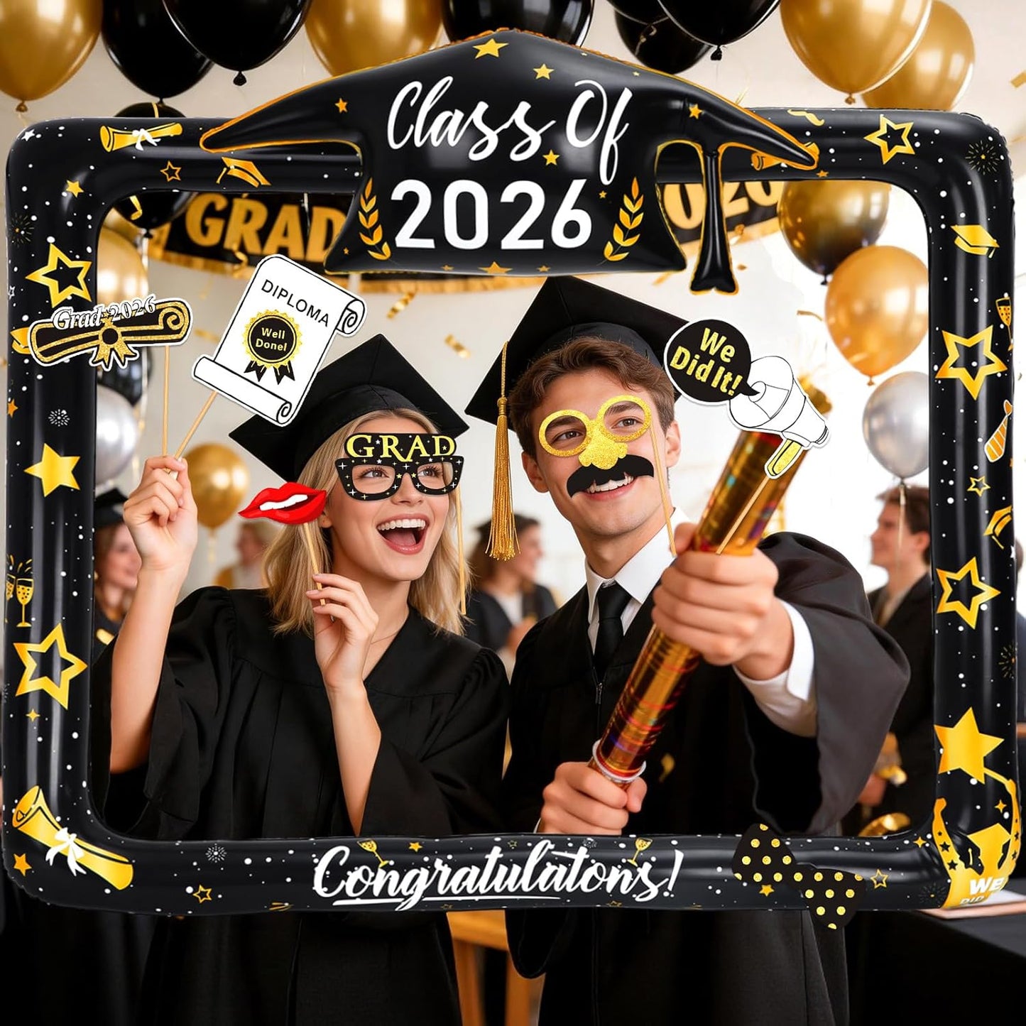 2026 Graduation Photo Booth Props Set Including Inflatable Photo Booth Frame and 20 Pcs Graduation Photo Props for Graduation Decorations Graduation Party Favors Supplies