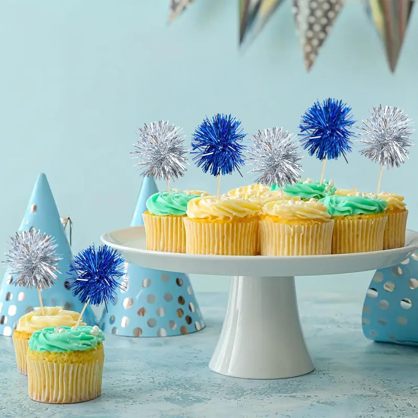 Ephlyn 30Pcs Foil Firework Cupcake Toppers Sparkle Tinsel Cupcake Picks Drink Stirrers Cocktail Food Fruit Toothpicks for Baby Shower Graduation Party Supplies White