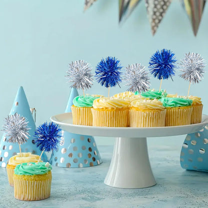 Ephlyn 30Pcs Foil Firework Cupcake Toppers Sparkle Tinsel Cupcake Picks Drink Stirrers Cocktail Food Fruit Toothpicks for Baby Shower Graduation Party Supplies White