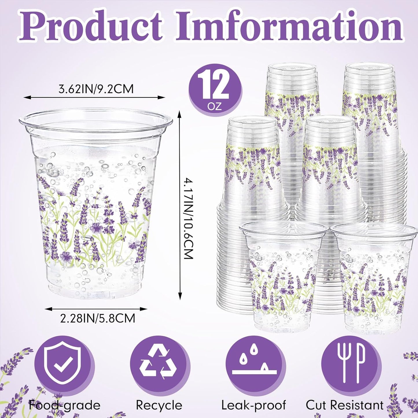 Hushee 60 Pcs Purple Floral Cups with Spring Summer Flower 16 oz Wildflowers Plastic Disposable Drinking Cups for Summer Spring Birthday Baby Shower Wedding Party Supplies