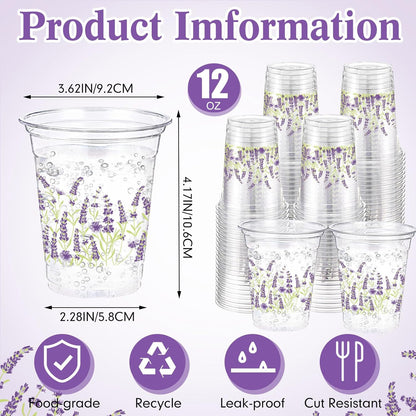 Hushee 60 Pcs Purple Floral Cups with Spring Summer Flower 16 oz Wildflowers Plastic Disposable Drinking Cups for Summer Spring Birthday Baby Shower Wedding Party Supplies
