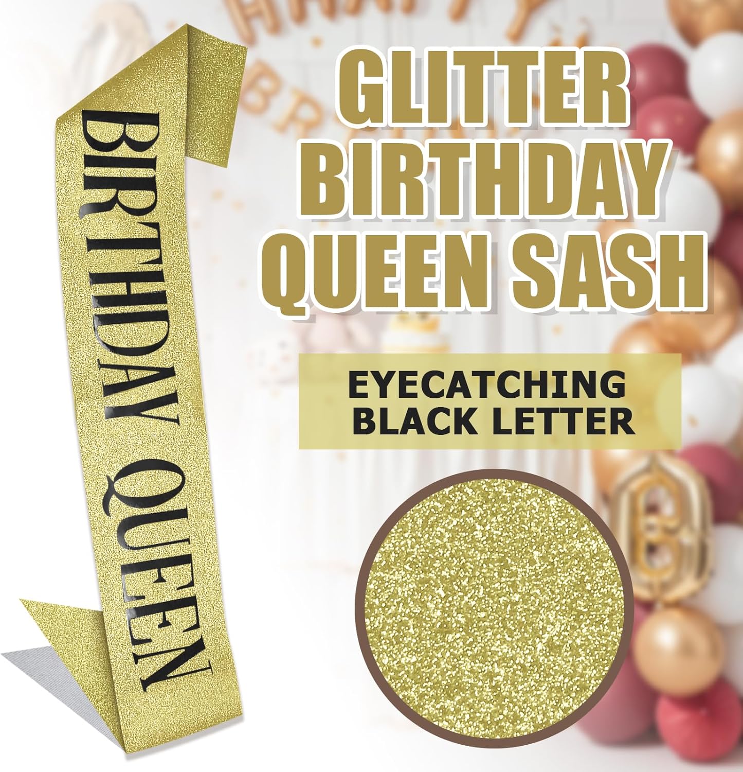 RUDONG M Birthday Queen Sash Glitter - Gold Birthday Sash for Women & Girls | Sweet 16/18th/21st/30th/40th/50th/60th/70th, All-Age Celebration Party Decor