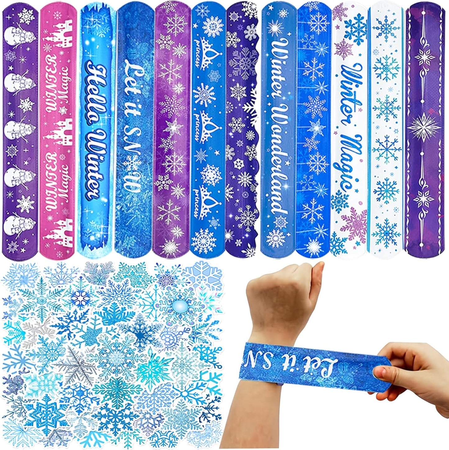 CZWXOXO 74Pcs Snowflake Theme Party Favors Contain 24 Pcs Snowflake Theme Slap Bracelets 50Pcs Snowflake Theme Stickers, Ice and Snow Theme Birthday Party Decorations