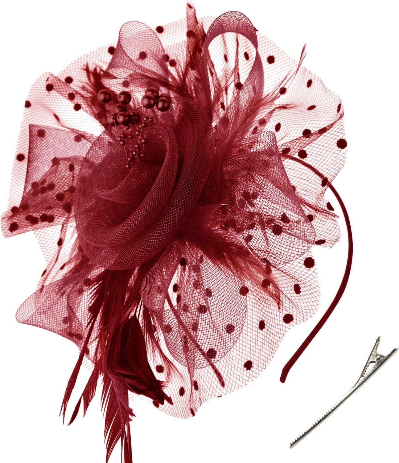 DRESHOW Fascinators Hat Flower Mesh Ribbons Feathers on a Headband and a Clip Tea Party Headwear for Girls and Women - Colors A