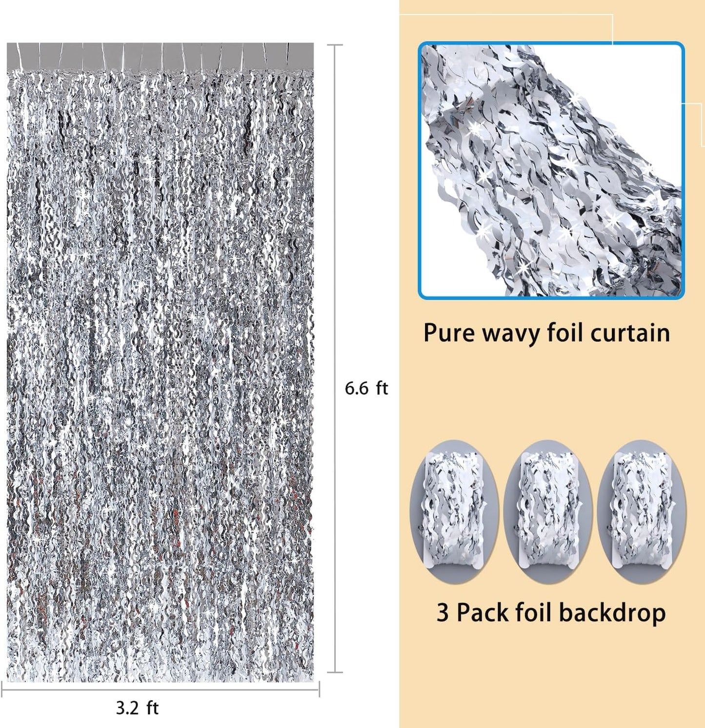 3 Pack Colorful Foil Fringe Curtain Backdrop - 6.6 x 3.3 ft Wavy Rainbow Tinsel Backdrop Curtain Metallic Streamers Iridescent Holiday Photo Booth Party Decorations