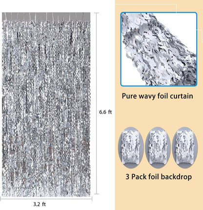 3 Pack Colorful Foil Fringe Curtain Backdrop - 6.6 x 3.3 ft Wavy Rainbow Tinsel Backdrop Curtain Metallic Streamers Iridescent Holiday Photo Booth Party Decorations