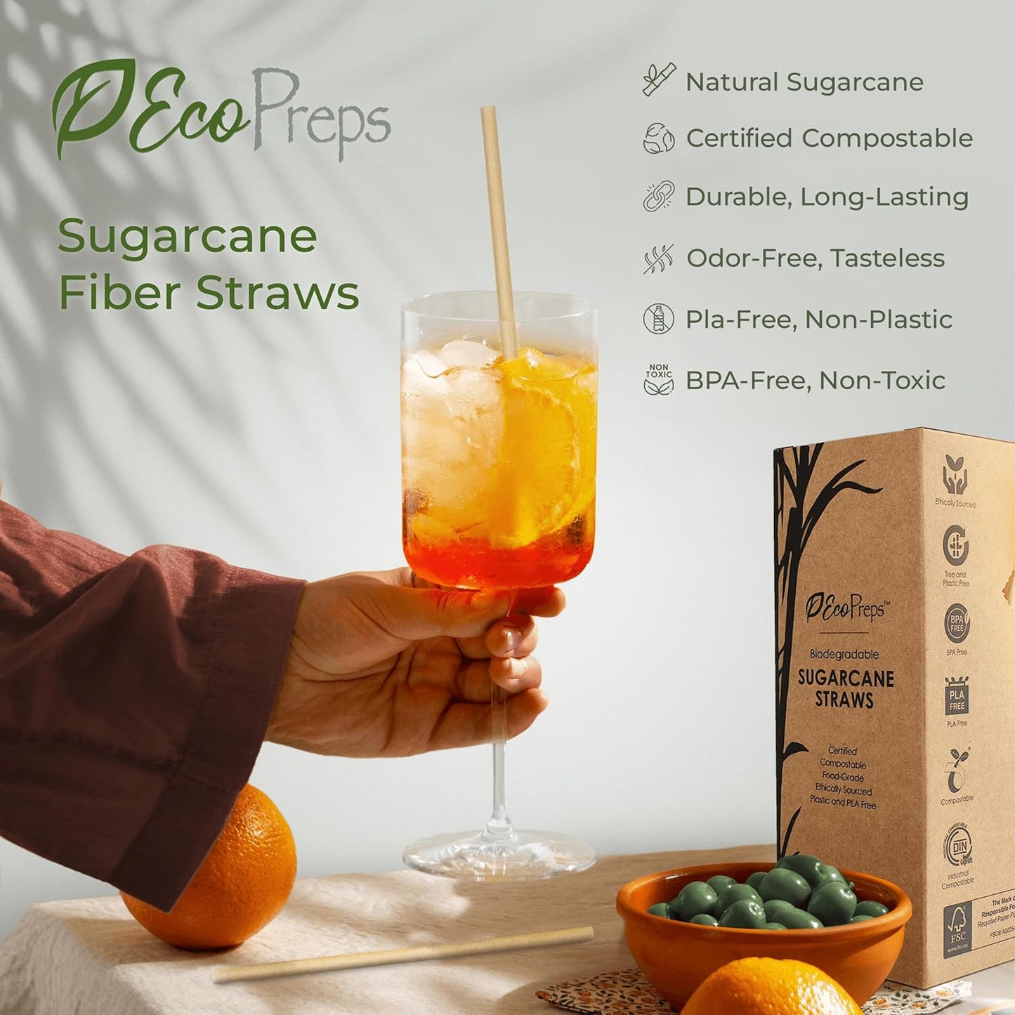 EcoPreps Biodegradable Sugarcane Straws | 150 Count, 100% Compostable, Plastic-Free, & Eco-Friendly Drinking Straw | 7.8'' Sugar Fiber Disposable Straws, Smoothie Straw for Home, Restaurant, Parties