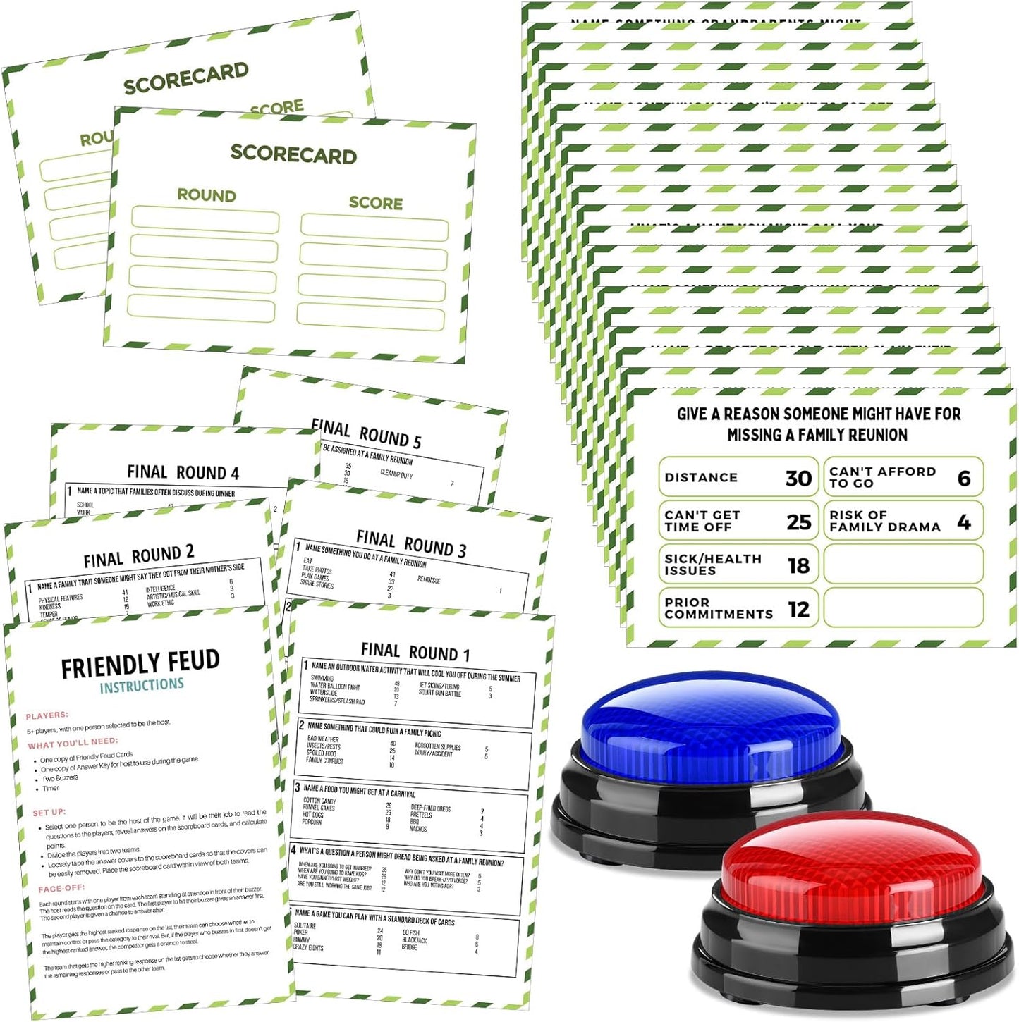 20 Pcs Retirement Friendly Feud Game Set Retirement Party Game Trivia Quiz with 18 Card 2 Buzzer for Adults Family Games Activities Party Supplies, Battery Not Included