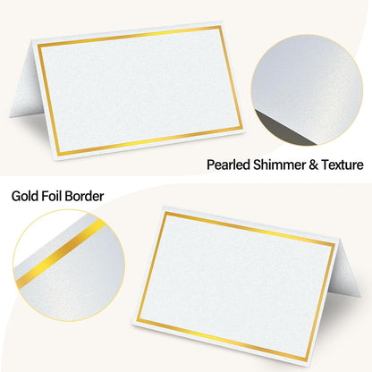 100 Pack Gold Table Cards Place Cards Name Cards for Table Setting, 250g Pearled Table Tents Name Tents, Avery Place Cards for Wedding, Meeting, Party, Reserved Seating Sign (Gold)