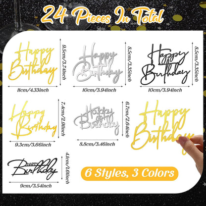 Barydat 24 Pieces Gold Happy Birthday Cake Toppers Mirror Acrylic Cupcake Topper Happy Birthday Sign for Cake Side Cupcake Decorations, 6 Styles