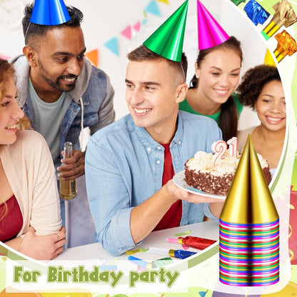 WinnerWhy 300 Pcs Birthday Party Cone Hats and Colorful Noisemakers Blowers Set Metallic Foil Paper Cone Hats Noisemakers Blow Whistle for Adults Birthday Party Supplies