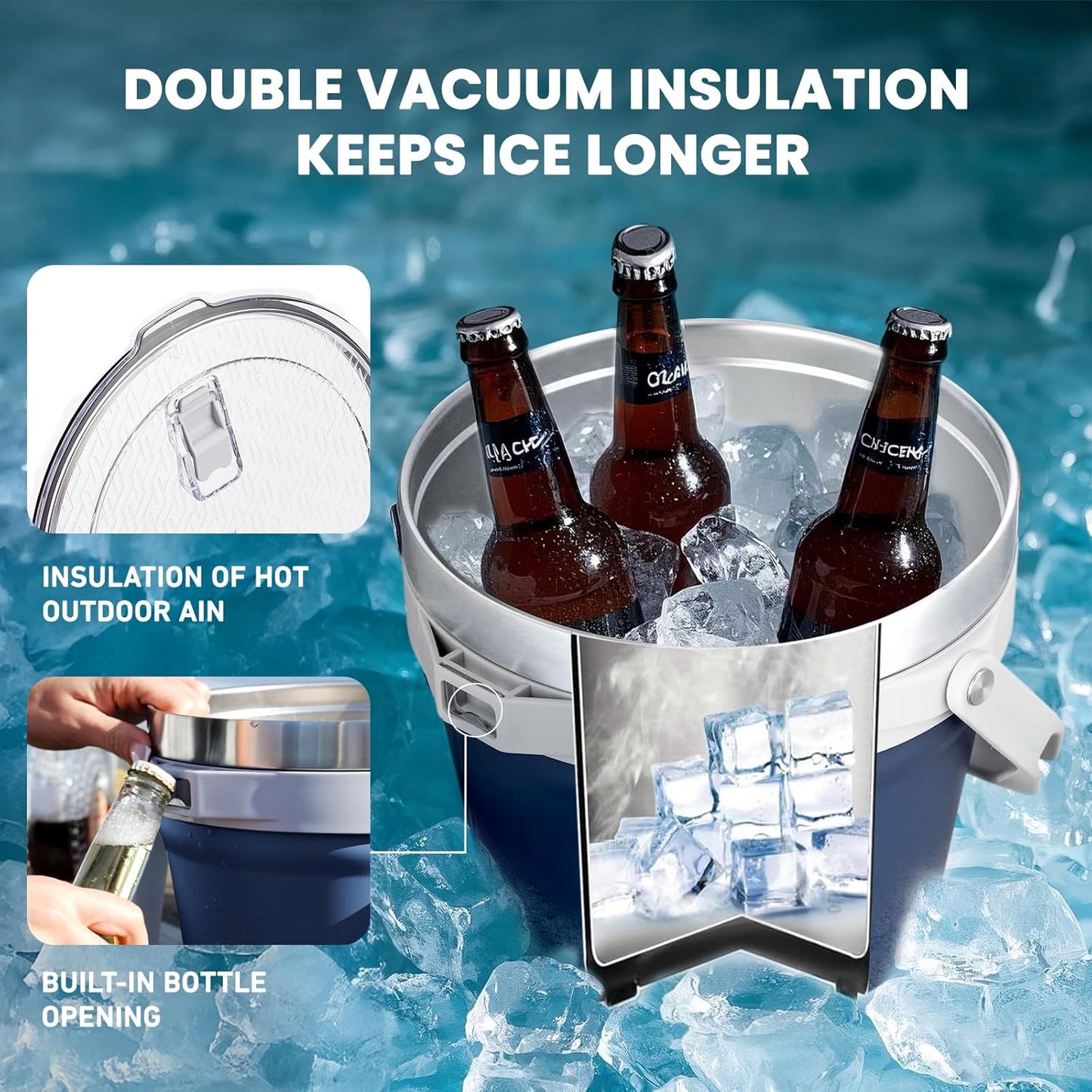 COKTIK 7L Insulated Ice Bucket with Lid，Double Wall Vacuum Stainless Steel Beverage Bucket Keeps Frozen Longer，Holds 6 Longnecks or 3 Bottles of Wine，for Cocktail, Champagne, Large Parties(Blue)