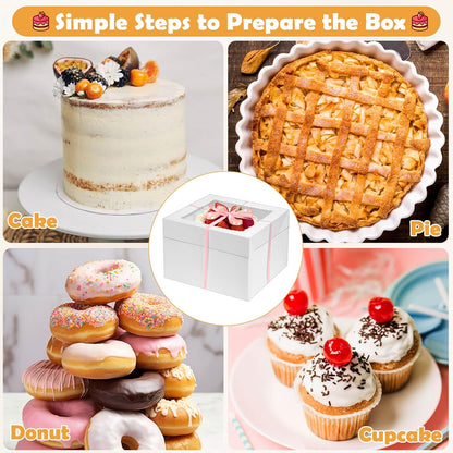12 Pcs Cake Boxes 12 inch,12x12x8 Inches Cake Box with Window, 5 Pcs Tall 12x12 Cakes Boxes with 5 Pcs Cake Boards, Large Baking Boxes, White Square Cakes Containers for Multi-Layer Cakes