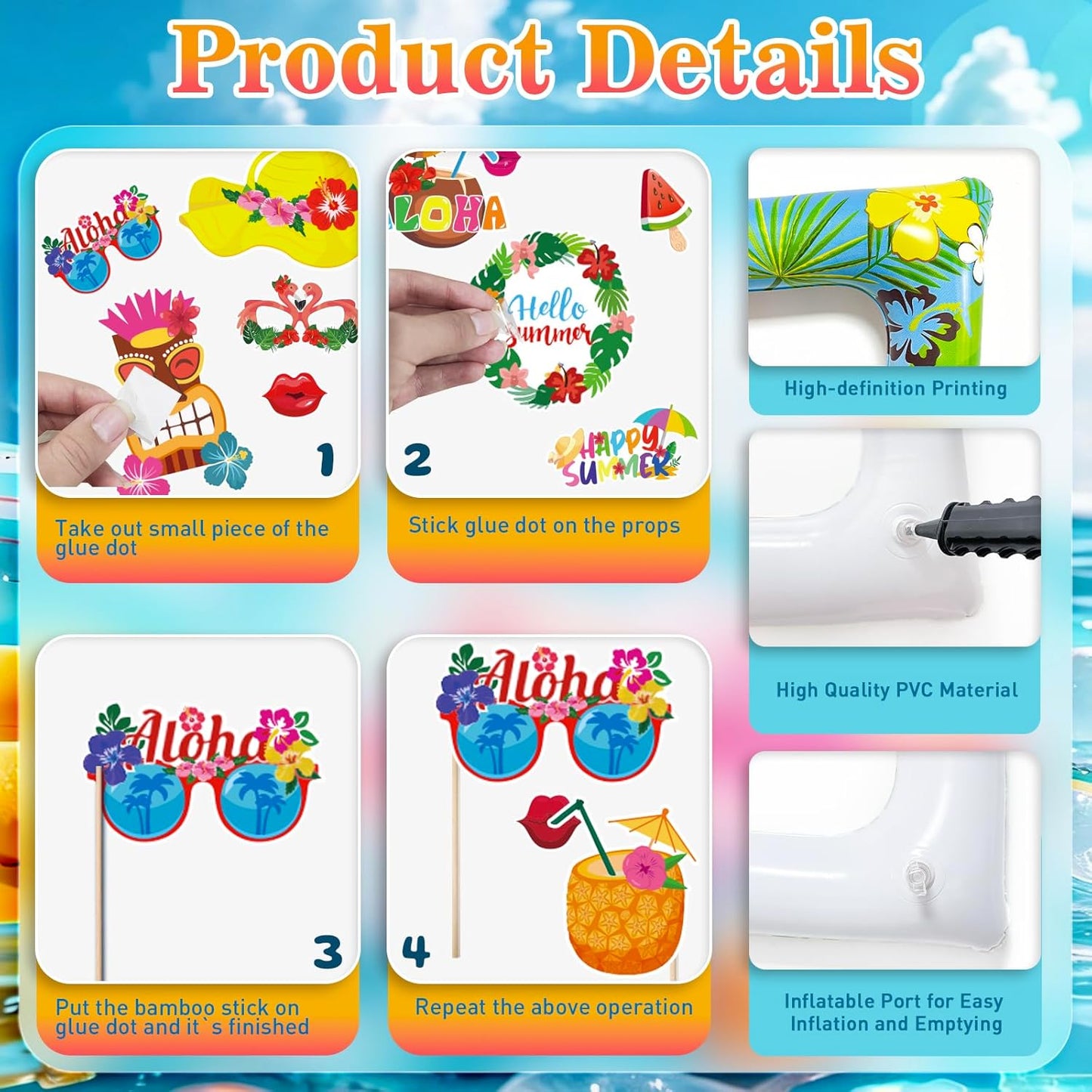 Hawaiian Photo Booth Props & Inflatable Frame, 30Pcs Luau Photobooth Props with Large Inflatable Inflatable Selfie Picture Frame for Summer Tropical Aloha Luau Party Selfie Supplies