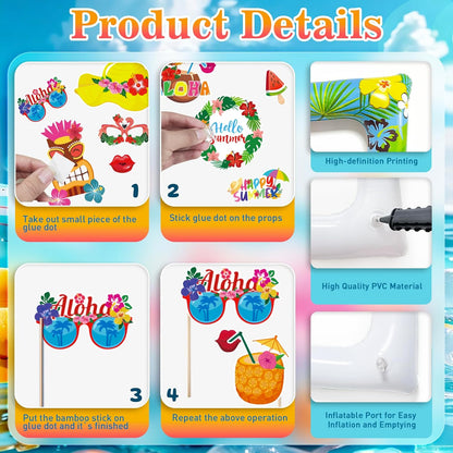 Hawaiian Photo Booth Props & Inflatable Frame, 30Pcs Luau Photobooth Props with Large Inflatable Inflatable Selfie Picture Frame for Summer Tropical Aloha Luau Party Selfie Supplies