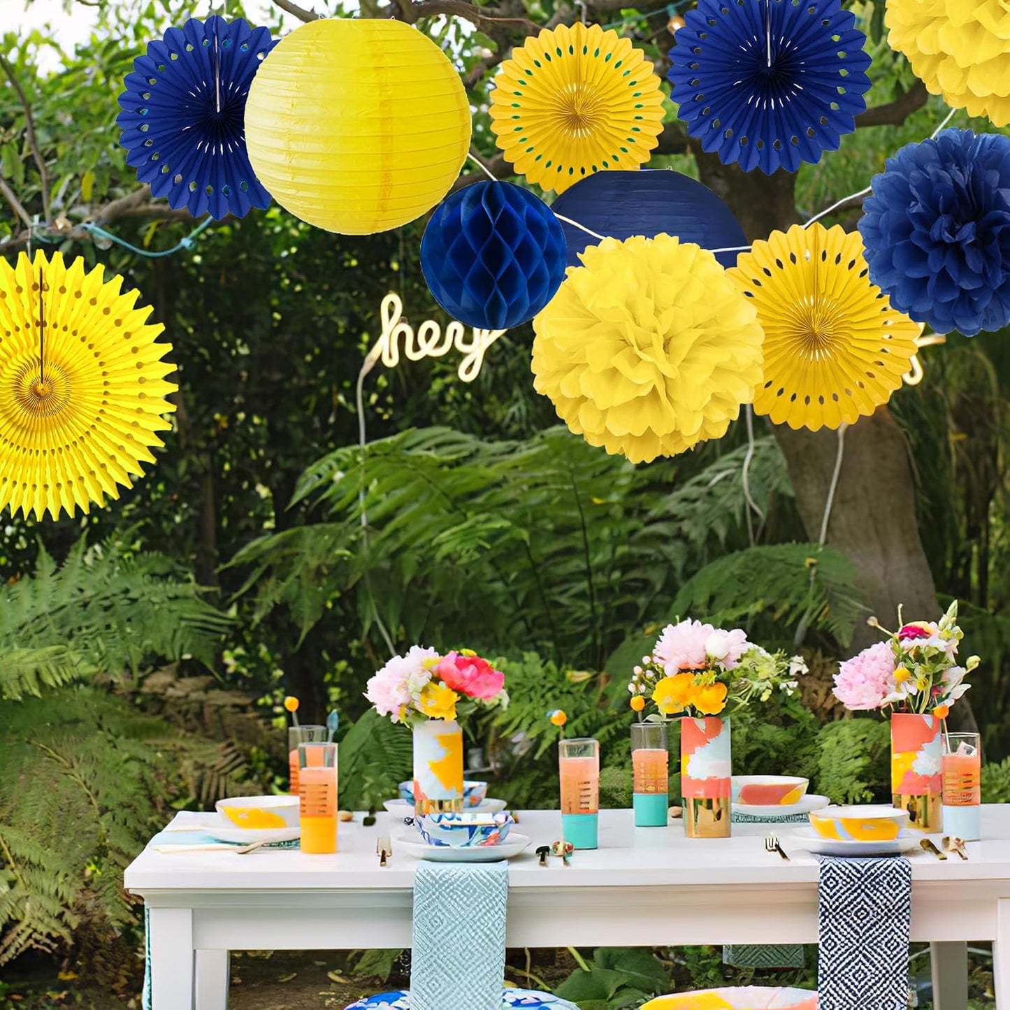 Tissue Paper Pom Poms - 23 PCS Dusty Blue Paper Flowers Pom Pom Kit Circle Dot Party Banner Hanging Swirl Party Decorations for Wedding Birthday Baby Shower Bridal Shower Tea Party