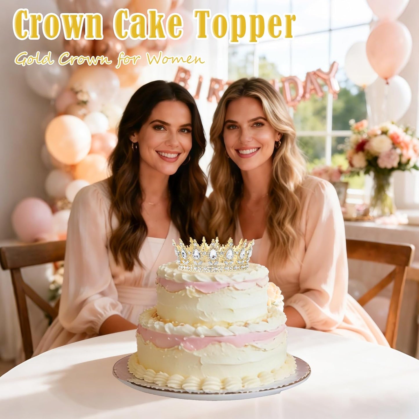 Crown Cake Topper, Balls Happy Birthday Cake Topper Pink Crown Birthday Candles Gold Butterflies, Corona Para Pastel, Cake Decorations for Birthday Wedding (Gold, Pink)