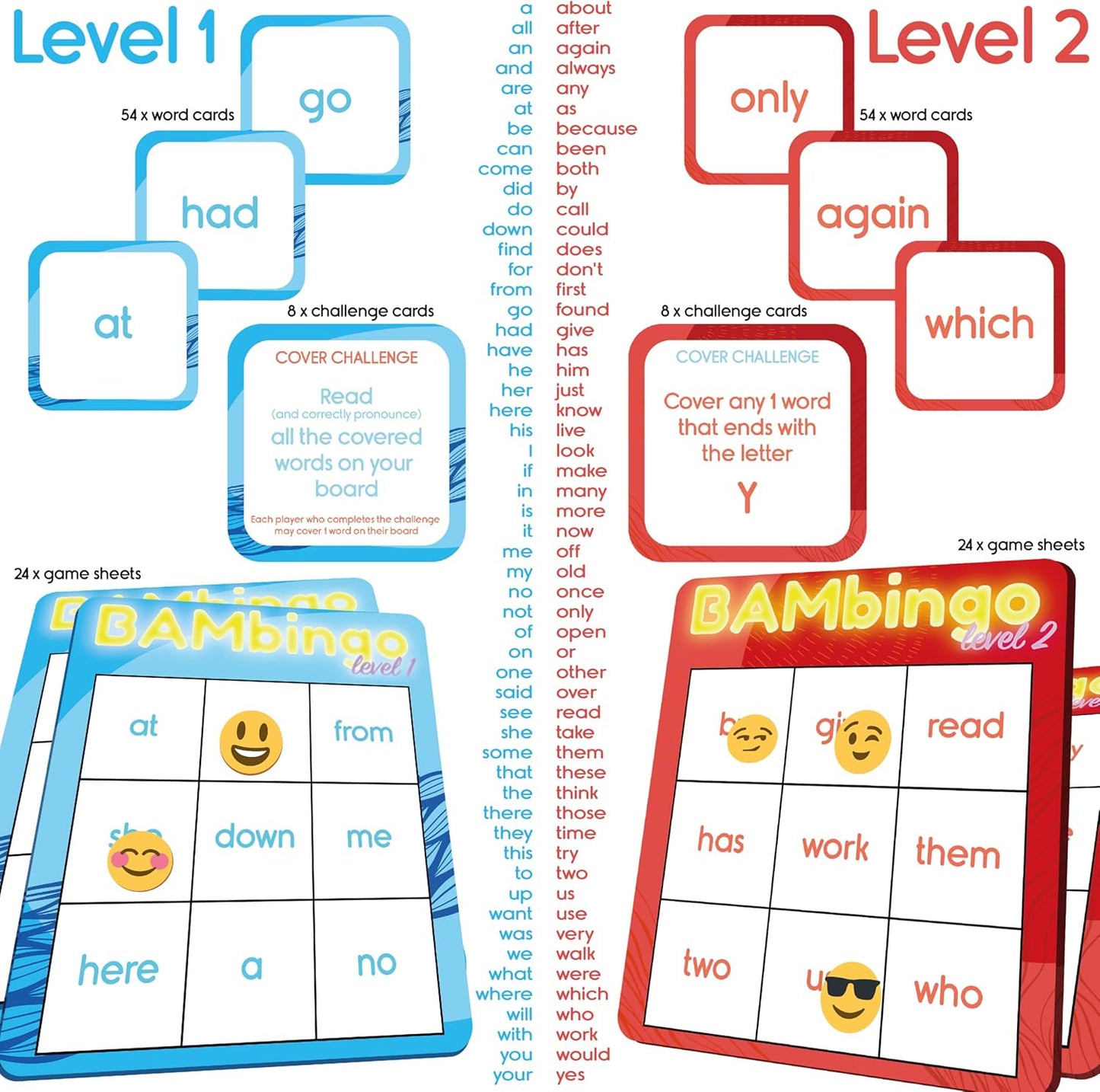 THE BAMBINO TREE Sight Word Bingo Game Level 1 and 2 - Educational Games for Kids - Learn to Read Vocabulary for Kindergarten 1st Grade - Dolch's Fry's Words Lists