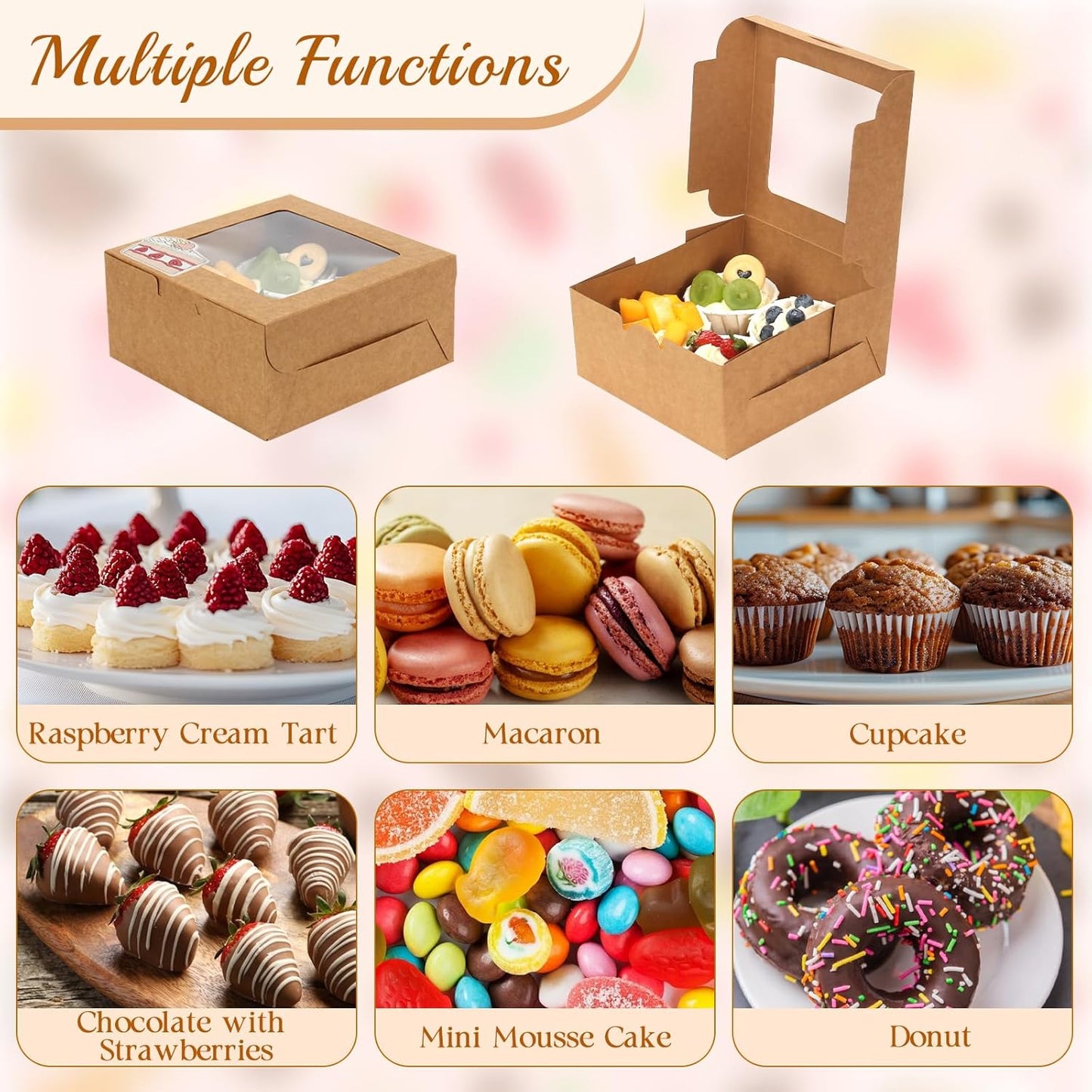 OAMCEG 50 PCS Cupcake Boxes with Window, 6x6x3 Inch Cookie Boxes, Bakery Treat Boxes for Pastry, Dessert, Chocolate Strawberries, Cupcake Containers, Gift Giving with Stickers & Twine （Brown）