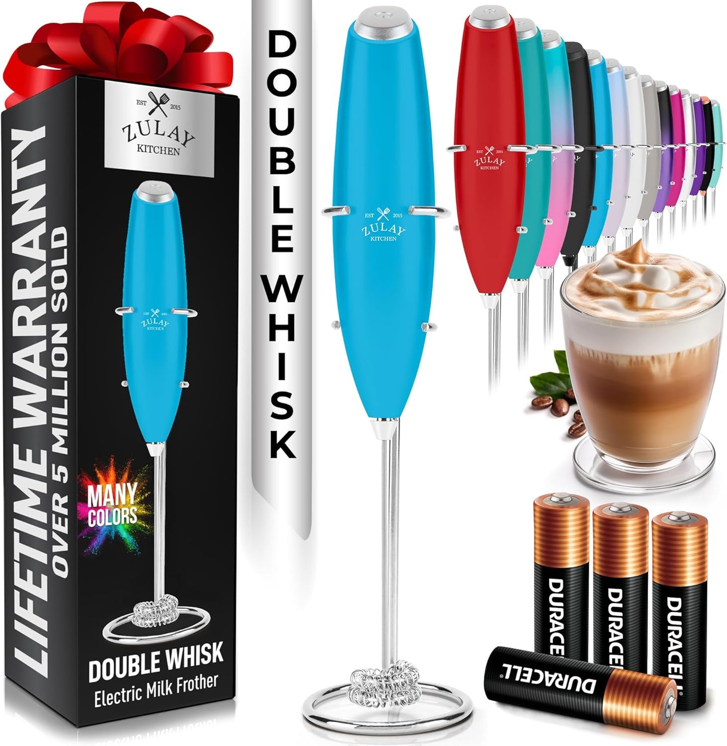 Zulay Kitchen Powerful Milk Frother Wand With Duracell Batteries - Ultra Fast Handheld Drink Mixer - Electric Whisk Foam Maker for Coffee, Lattes, Cappuccino & Matcha - Z1 Motor - Black - Colors B
