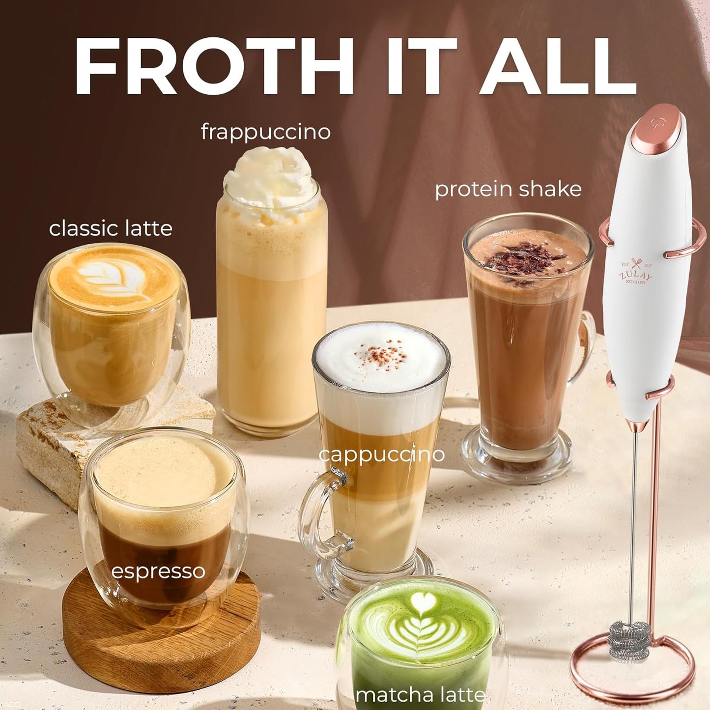 Zulay Kitchen Powerful Milk Frother Wand With Duracell Batteries - Ultra Fast Handheld Drink Mixer - Electric Whisk Foam Maker for Coffee, Lattes, Cappuccino & Matcha - Z1 Motor - Black - Colors B