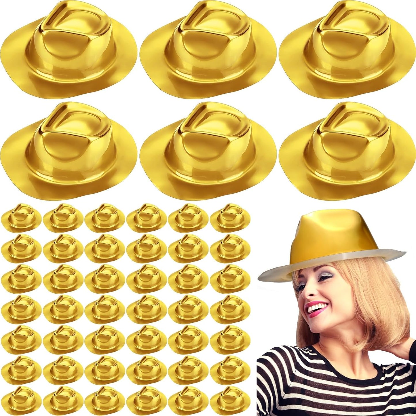 Handepo 48 Pcs Hats Party Metallic Colors Plastic Crazy Hats for Adults Cowboy Bulk Party Supplies Dress Costume Photo