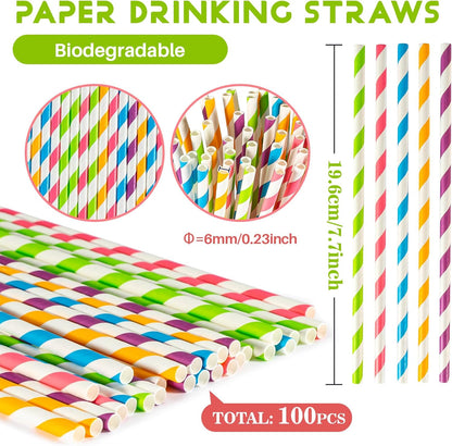 MAQIHAN 100PCS Stripe Drinking Straws - Disposable Straws 7.7 Inch Small Colourful Agave Kraft Paper Straws Bulk, for Coffee, Milk, Juice, Cocktial and Suit for Birthday Parties, Weddings, Picnic.