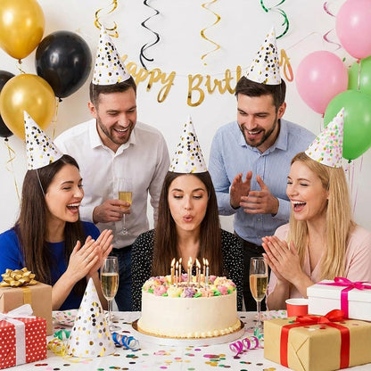 Boieo Party Hats Birthday Cone Hat for Adults Kids Gold Polka Dot Paper with Elastic String 12 pcs