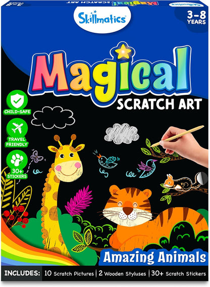 Skillmatics Scratch Art Book for Kids - Unicorns & Princesses, Craft Kits & Supplies, 30+ Scratch Stickers, Travel Toys, DIY Kit, Gifts for Girls & Boys Ages 3, 4, 5, 6, 7, 8