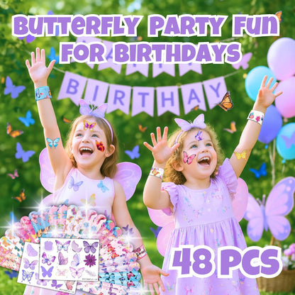 48 PCS Butterfly Party Set: 24 PCS Temporary Tattoos & 24 PCS Slap Bracelets - Cute Butterfly-Themed Gifts for Kids, Girls, Boys - Birthday Parties, Baby Showers, Classroom Rewards, Party Decorations