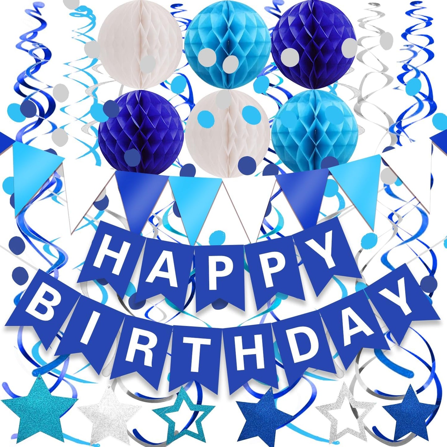 Fecedy Happy Birthday Banner With Colorful Paper Flag Bunting Paper Circle Confetti Garland Swirl Streamers Honeycomb ball for Birthday Party Decorations