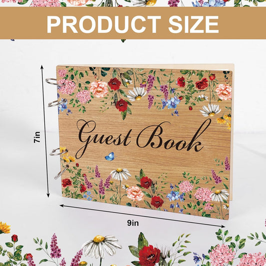 JarThenaAMCS Wildflower Guest Book with Wooden Cover Alternative Vintage Floral Guest Sign in Book with 100 Lined Pages for Wedding Baby Shower Party Keepsake