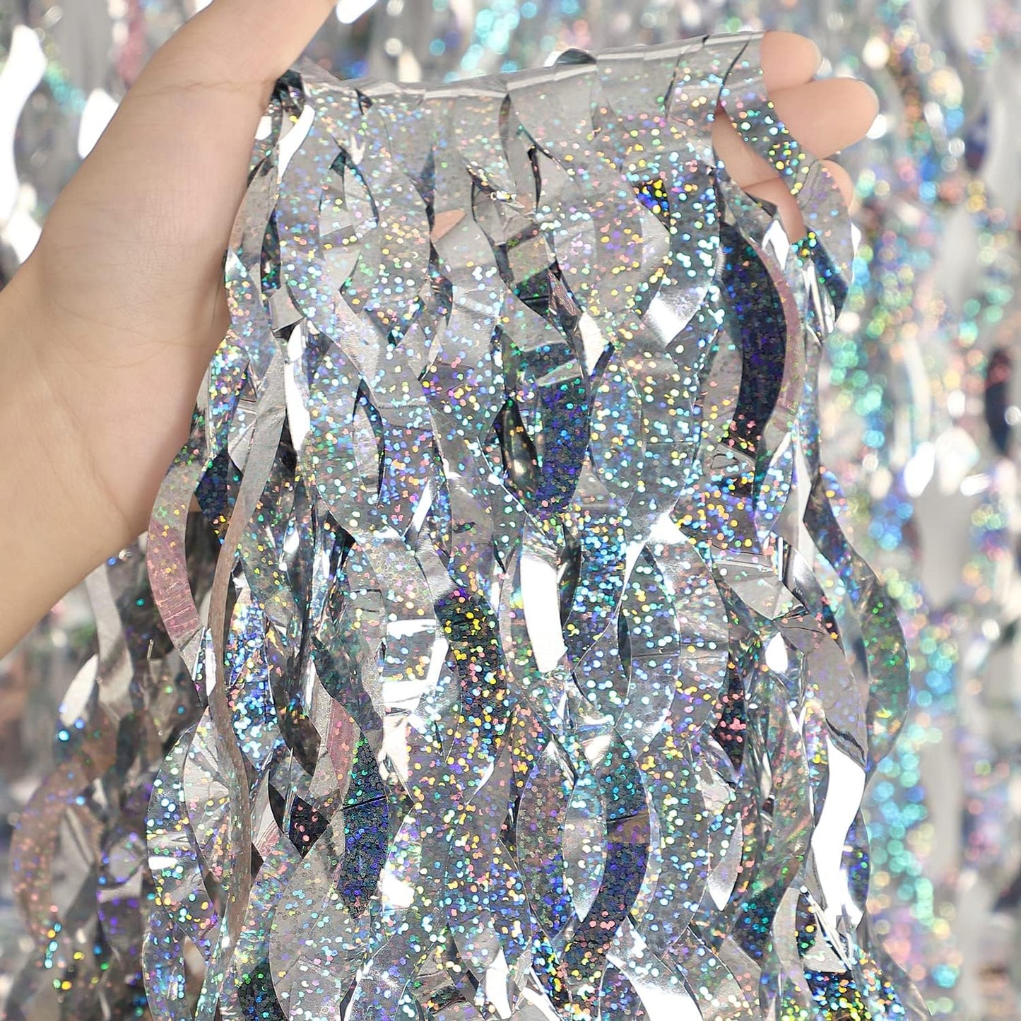 3 Pack Colorful Foil Fringe Curtain Backdrop - 6.6 x 3.3 ft Wavy Rainbow Tinsel Backdrop Curtain Metallic Streamers Iridescent Holiday Photo Booth Party Decorations