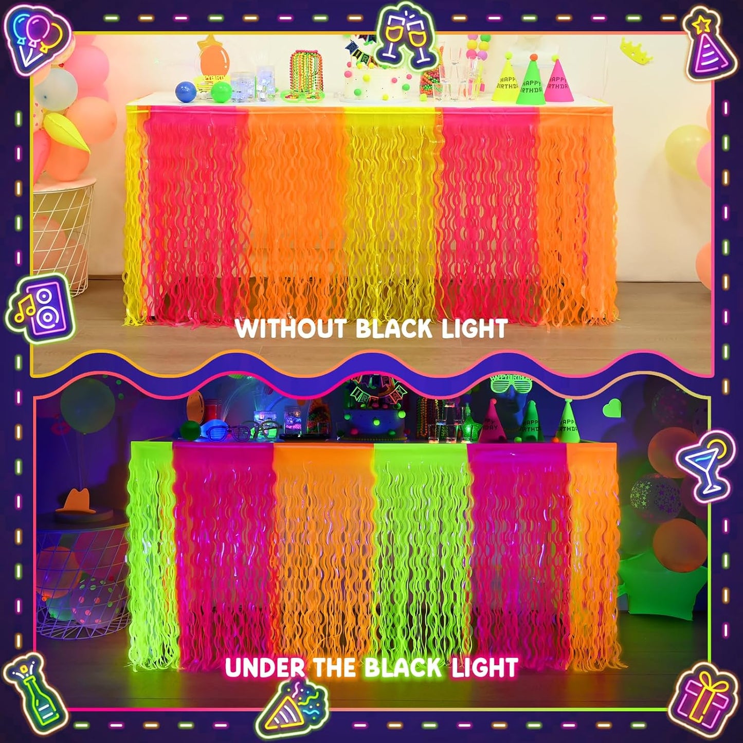 Mega-L Glow in The Dark Party Supplies, 2 Pack Neon Party Decorations Fluorescent Macaron Orange, Yellow and Fuchsia Wavy Metallic Tinsel Foil Fringe Table Skirts, Perfect Glow Birthday Party Decor