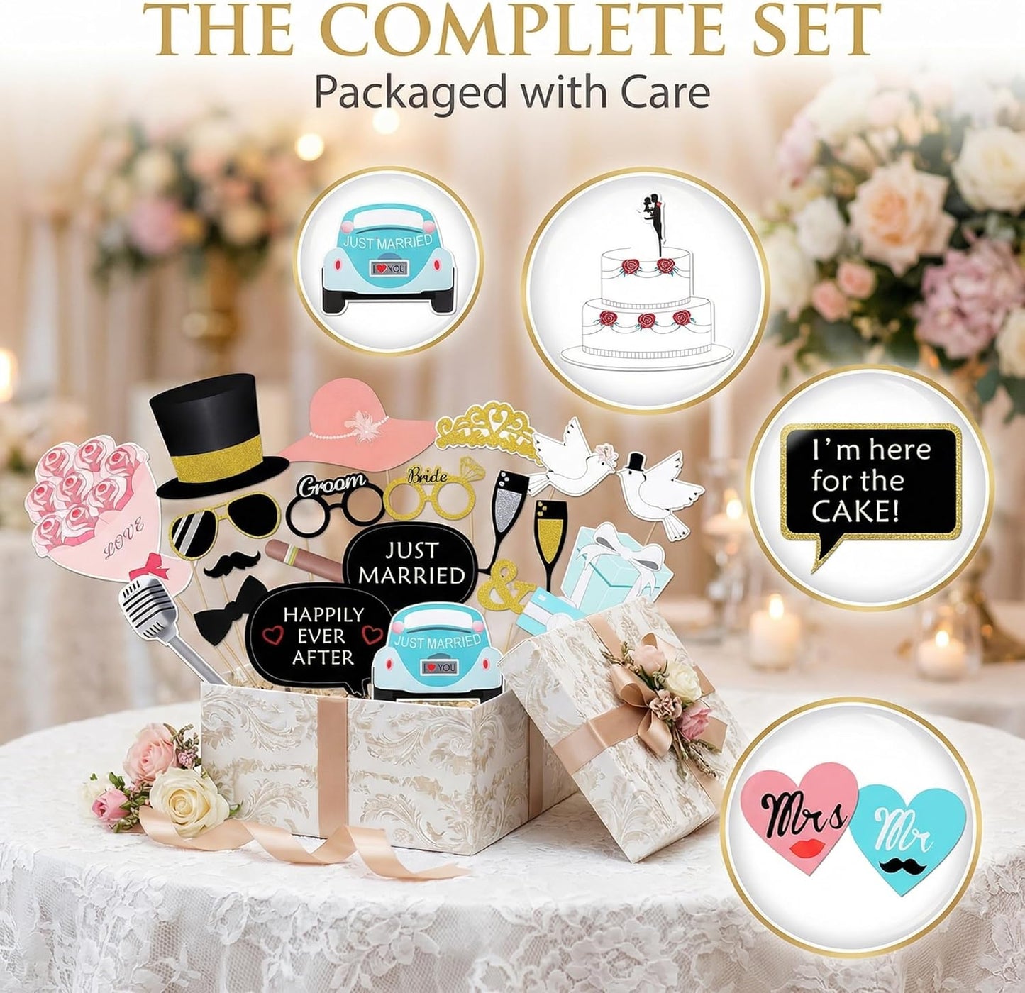Kotbs 52pcs Wedding Photo Booth Props, Bachelorette Party Photo Booth Prop Kit for Bridal Shower, Engagement and Valentines Party, Photobooth Props Wedding Party Supplies