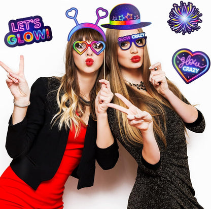 Qpout 25 Pieces Glow Party Photo Props, Neon Party Photo Booth Props, Fluorescent Selfie Props, Glow in The Dark Party Photo Props Posing Props Bar Decoration
