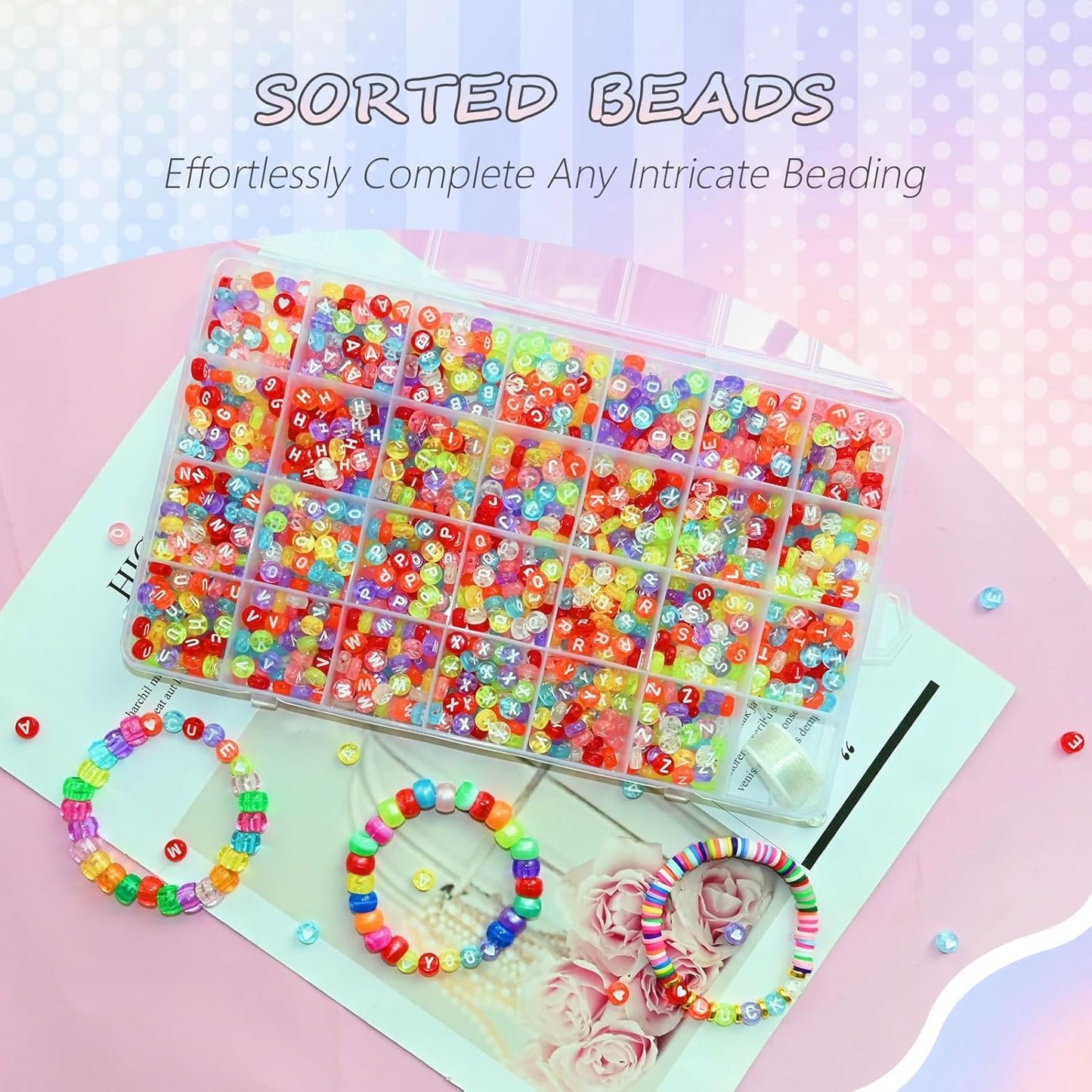 Amaney 1400pcs Glow Letter Beads, Heart Beads Whit Elastic Beading Cord,4x7mm Round Acrylic Alphabet Beads for Friend Bracelet Jewelry Making