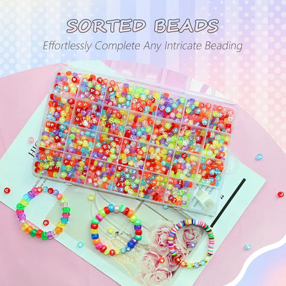 Amaney 1400pcs Glow Letter Beads, Heart Beads Whit Elastic Beading Cord,4x7mm Round Acrylic Alphabet Beads for Friend Bracelet Jewelry Making