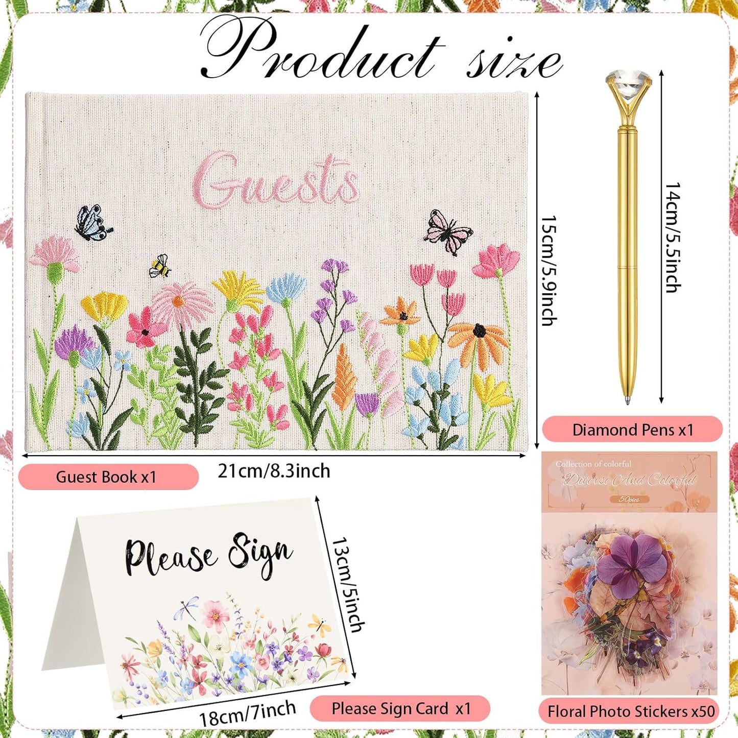 Ctosree Wedding Guest Book with Pens Wildflowers Embroidered Fabric Photo Album, Hard Cover Guest Book Wedding Reception for Baby Shower, Party, Bridal Shower(Colorful,8.3 * 6 Inch)