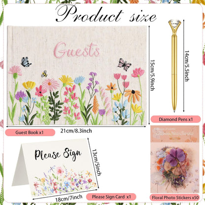 Ctosree Wedding Guest Book with Pens Wildflowers Embroidered Fabric Photo Album, Hard Cover Guest Book Wedding Reception for Baby Shower, Party, Bridal Shower(Colorful,8.3 * 6 Inch)