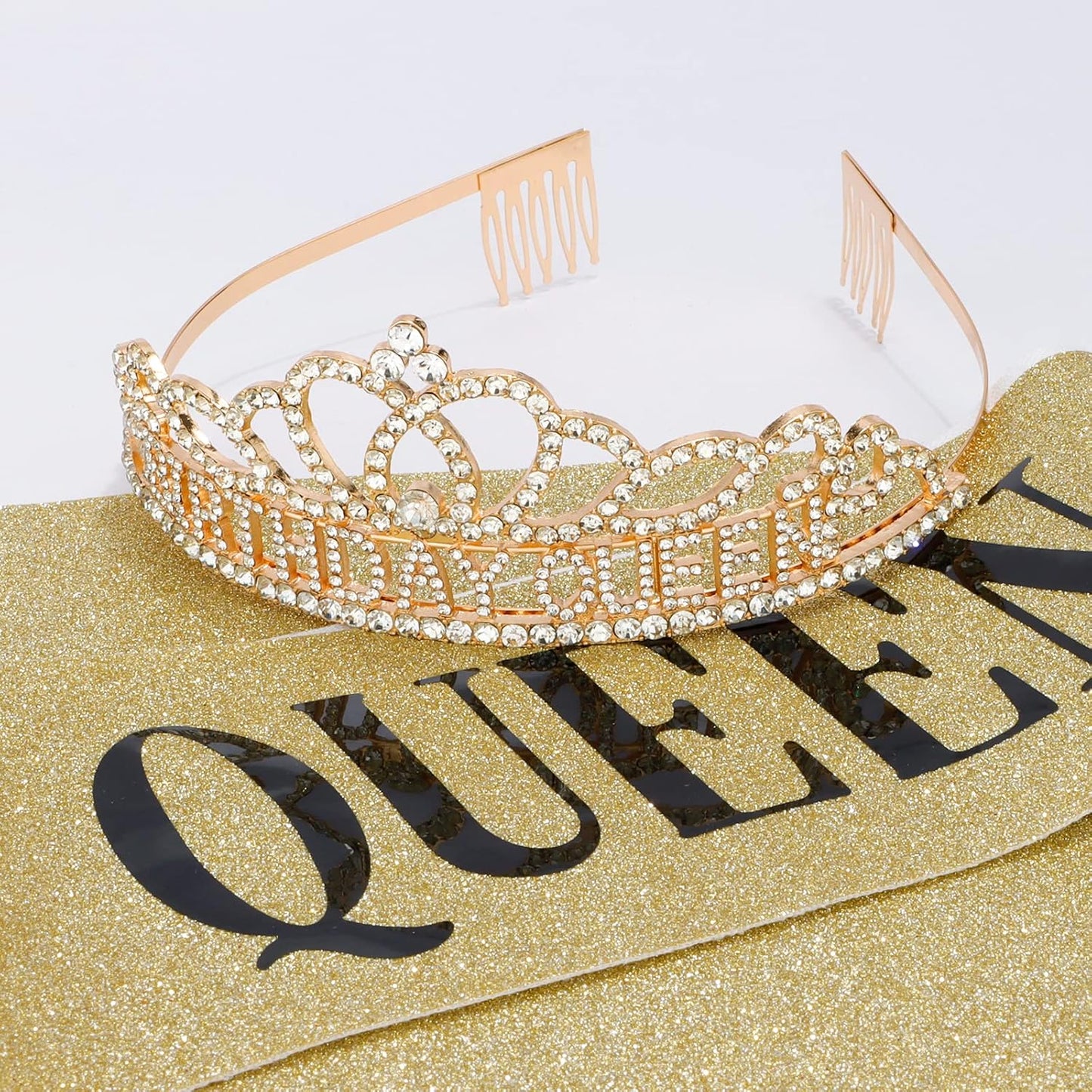 CAVETEE Gold Birthday Crowns and Sash - Queen Tiara for Party Decorations