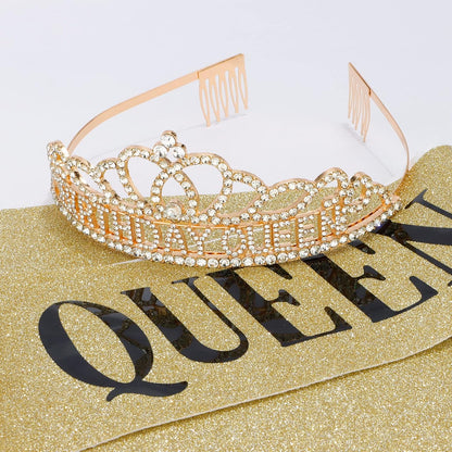 CAVETEE Gold Birthday Crowns and Sash - Queen Tiara for Party Decorations