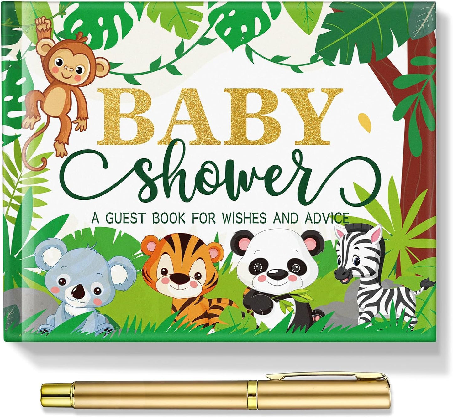 Fuyoooo 27 Pcs Safari Animal Baby Shower Guest Book Set Baby Shower Sign in Guest Floral Book Place Table Cards with Gold Pen Adhesive Photo Corner for Birthday Party