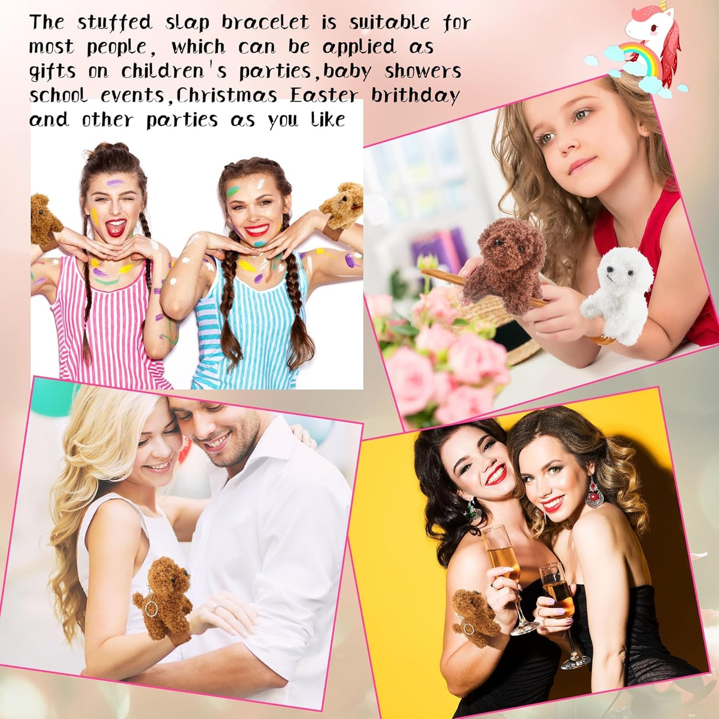 12 Pcs Stuffed Dog Animal Slap Bracelets Plush Puppy Slap Bracelets Teddy Dog Stuffed Slap Wrist Bracelets Bulk for Birthday Party Gifts Favors Goodie Bag Fillers